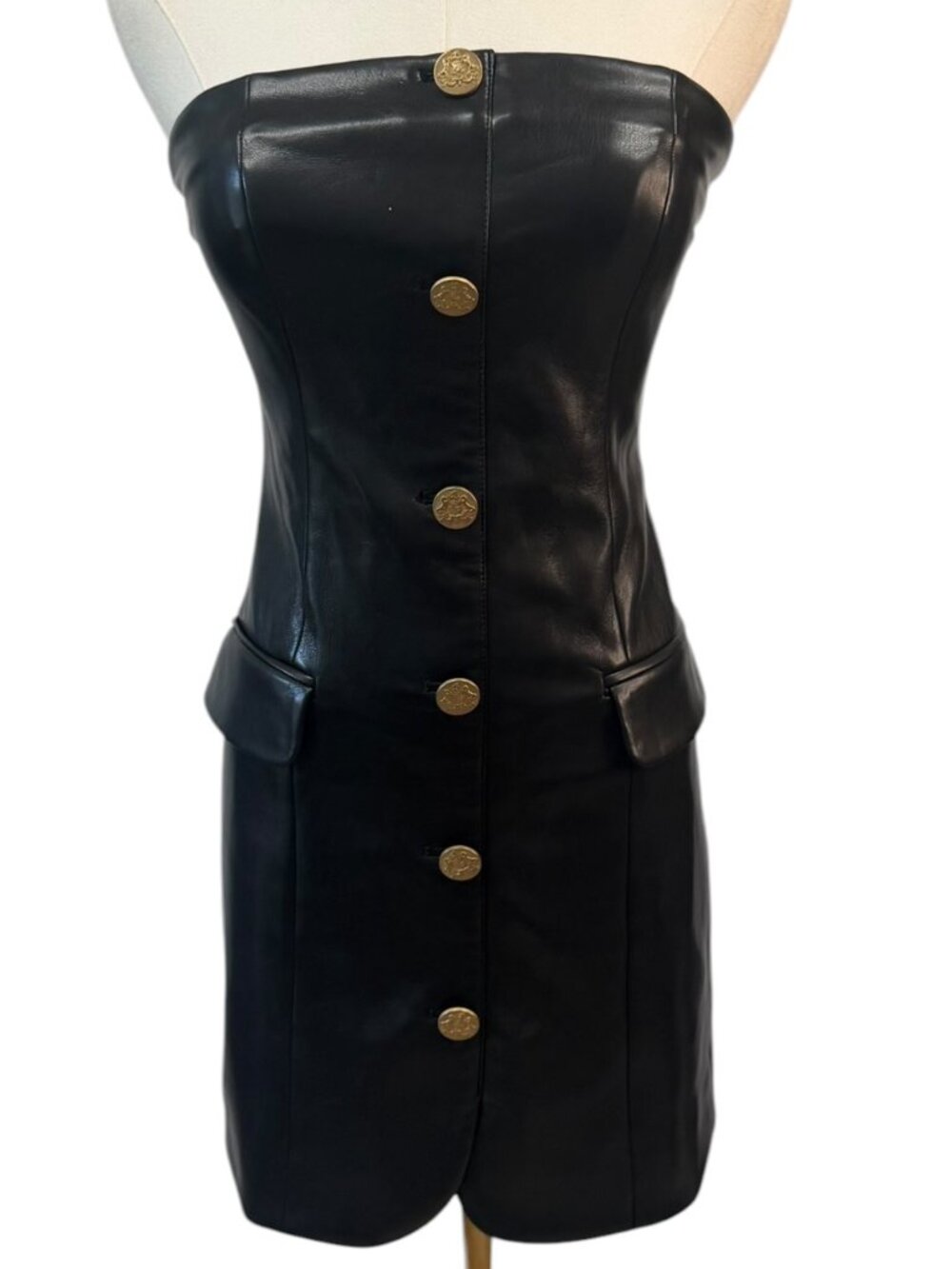 NWOT Alice + Olivia Madison Faux Leather Strapless Button Mini Dress 2
